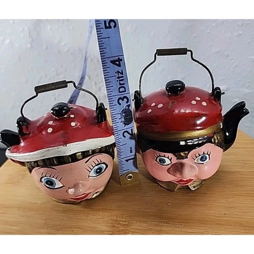 Vintage Redware Japan Dutch Boy and Girl Teapot Salt and Pepper Shaker Pair‎